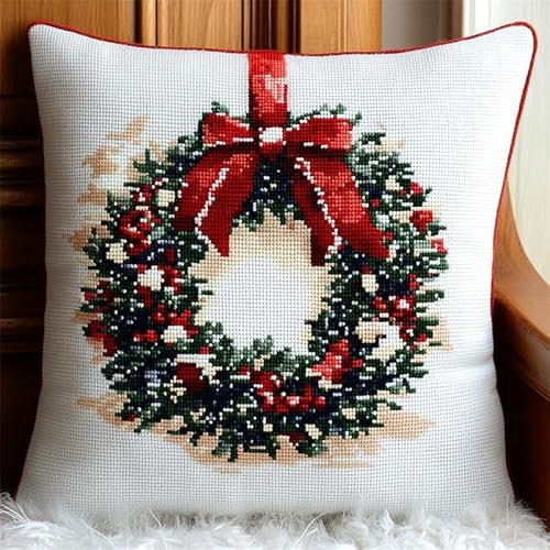AMBATTERY Kreuzstich Kissen Vorgedruckt, Weihnachtskranz 11CT Stickset für Kreuzstichkissen,Stickset Anfänger DIY Kreuzstichkissen Zum Dekorieren Handstickerei Kissenbezug Set