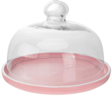 Ciieeo Ceramic Dessert Plate with Matte Pink Finish and Gold Rim, 8-inch Fruit Storage Tray with 18cm Food Cover, Party Serving Platter for Elegant Table Settings