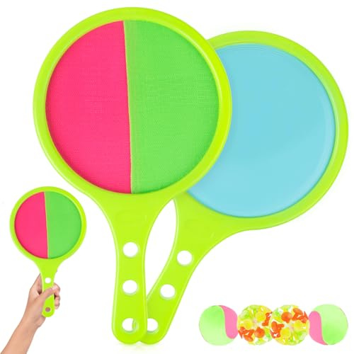 Smilfree Klettballspiel Strandspielzeug Kinder Garten Spiele: Klettspiel Set mit 2 Schlägern & 4 Bällen, Wurfspiel für Draußen Outdoorspiele ab 3 Jahren