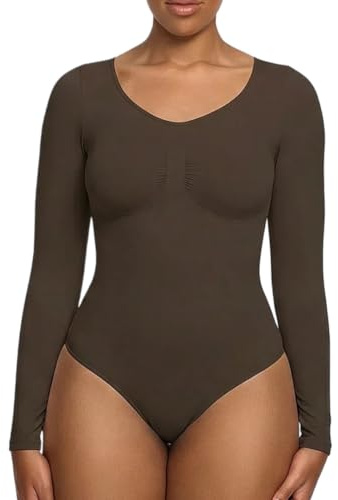 creamy fabrics Damen Figurformender Shapewear Bodysuit mit String – Longsleeve Body für unsichtbaren Sitz – Starke Kompression Bauch & Taille – Nahtlos mit Po-Lifting Effekt