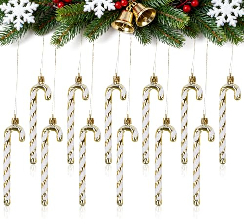 Joxessaien 12 Stück Christbaumschmuck Zuckerstangen, Weihnachtsbaum Deko Gold Weiß, Baumbehang Weihnachtsbaum Dekoration Anhänger