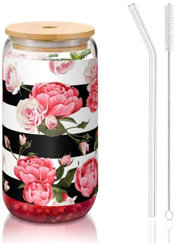 MDATT Vasos de 16 onzas con estampado de flores y rayas blancas y negras con tapas y popotes, bonitos vasos de agua para jugo, cerveza, café, té