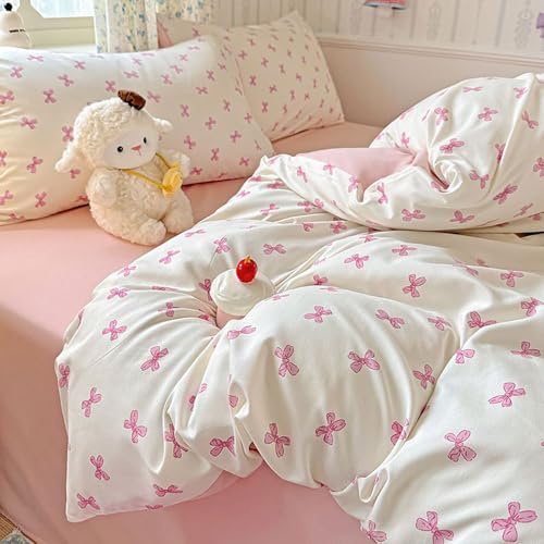 Nyescasa Housse de Couette 140x200 Nœud Papillon Rose Blanc Mignon Ensemble Parure de lit Adulte 1 Personne Réversible Linge de lit en Microfibre avec Fermeture Éclair et 1 Taie d'oreiller 65x65 cm