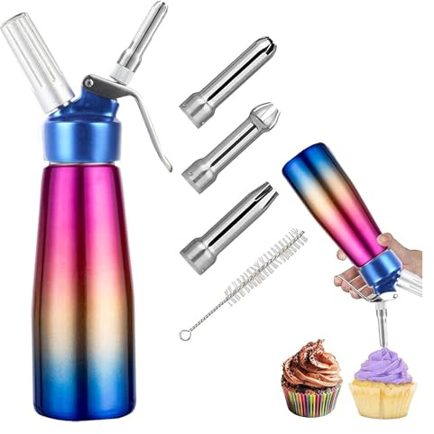 NONEOYNO Sahnekanone 500ml Edelstahl, Aluminium mit Farbverlauf Set mit 3 Sahnetülpen & Reinigungsbürste zum Aufschäumen von Sahne und Dekorieren von Cupcakes, Kuchen, Desserts