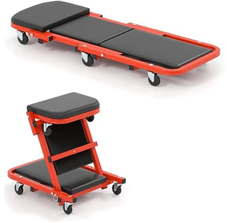 GOPLUS 2-in-1 Werkstatt Rollbrett, 102 cm Montagerollbrett mit 6 drehbaren Rollen, robuster Metallrahmen & gepolsterter Sitz, zum Liegen oder Sitzen, Rollliege für Werkstatt & Autoreparatur (Schwarz)