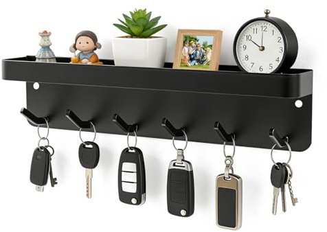 VINATO Schwarzes Schlüsselbrett mit Ablage & 6 Haken, Kohlenstoffstahl Schlüsselhalter Wandmontage, Selbstklebend Oder mit Schrauben, Schlüsselbrett für Eingang, Flur, Küche, Büro (24,5x4,5x6cm)