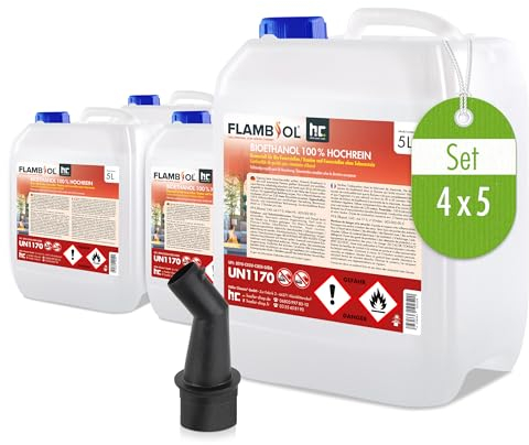 Höfer Chemie 20 L FLAMBIOL® Bioéthanol 99,9% Premium pour cheminée à l'éthanol, feu de Table à l'éthanol et cheminée au bioéthanol (4 x 5 L)