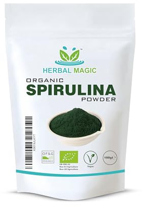 Herbal Magic's Organic Spirulina Powder - Sparkle Your Smoothies, Shakes - Ideal for Trainers on a Vegan, Vegetarian Diet - No Fillers & Preservatives - of&G UK Organic Certified-100g (Pack of 1)
