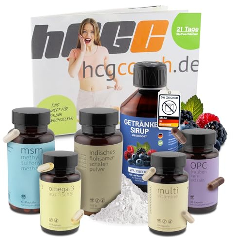 hCGC HCG Stoffwechselkur 21 Tage Basispaket – HCG Diät Set mit Omega 3, OPC, MSM, Vitaminen & Flohsamen Pulver – Stoffwechsel Beschleunigen Abnehmen – mit zuckerfreiem Waldbeere-Sirup