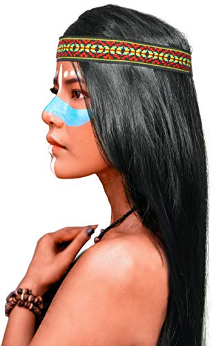 Balinco Indianerin Perücke – Karneval Accessoire – Lange schwarze Haare mit Stirnband & Feder, Fasching Kostüm Damen, Häuptling Kostüm Zubehör Herren