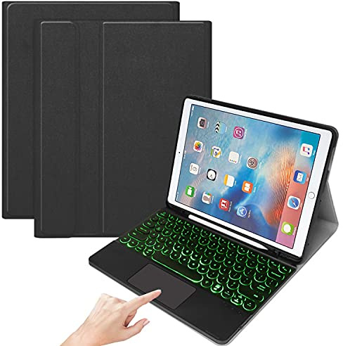 QYiD Funda con teclado para iPad 2018/2017, 2018 Nuevo 9.7 Pulgadas, 7 color touchpad retroiluminado teclado inalámbrico Bluetooth soporte Slim Cuero Cover para iPad Air/iPad Air 2/ iPad Pro, Negro
