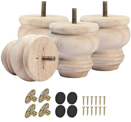 TCHOSUZ 3 Inch Unfinished Wooden Bun Feet, Pack of 4 - Solid Wood Furniture Legs with M8 Hanger Bolts & T-Nuts for Sofa Cabinet Ottoman Dresser Couch Table - DIY Replacement & Riser Legs Set