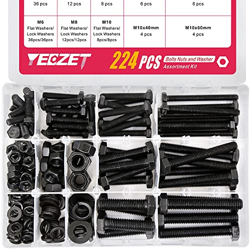 YEEZET 224 st M6 M8 M10 sexkantsskruvar brickor och muttrar (kolstål 8,8)