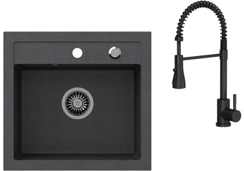 VBChome Spülbecken mit Armatur 50 x 47 cm Schwarz Granit Spüle Einzelbecken Küche Einbauspüle Verbundspüle Küchenspüle gesprenkelt Spülbecken Siphon Armatur