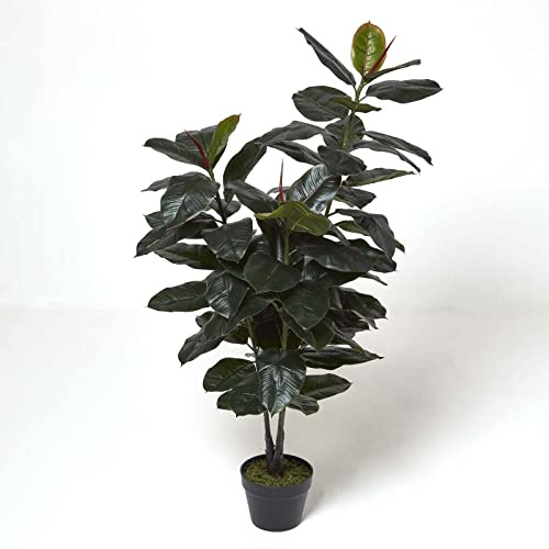 HOMESCAPES Künstlicher Gummibaum mit Topf, Kunstbaum Ficus elastica, Pflanze wie echt, 130cm groß, grün-rot