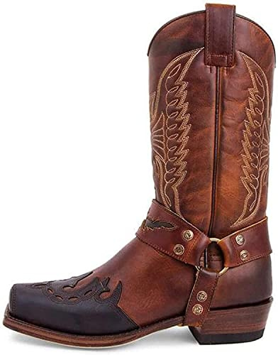 Botas vaqueras para hombres y mujeres, botas de trabajo desgastadas con punta cuadrada, botas occidentales bordadas, botas tradicionales de campo, botas de combate occidental, vaqueras de media