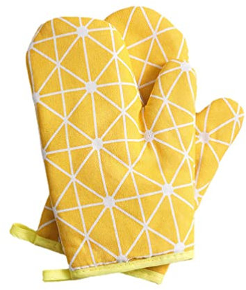 2 Pieces Set Cotton Oven Mitts Heat Resistant Flexible Non-Slip Kitchen Mitts Set with Soft Quilted Liner for Cooking Pot Holder, BBQ, Grilling, Microwave, Oven and Baking Gloves (Yellow Geometry)