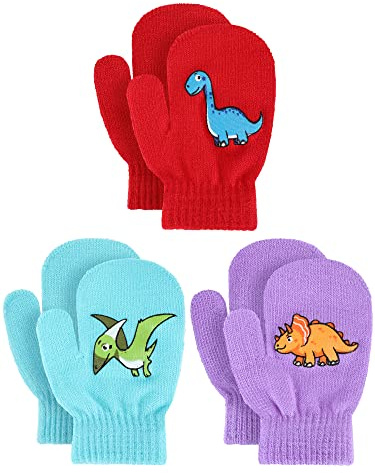 Geyoga 3 Paar Winter Kinder Strickhandschuhe Kleinkind Fäustlinge Dinosaurier Warme Gestrickte Fäustlinge