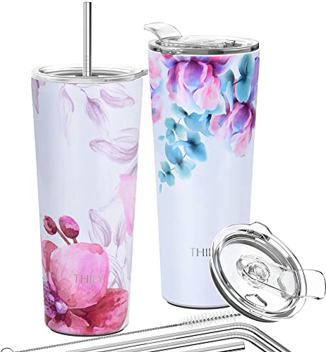 Vakuumisolierter Edelstahlbecher – THILY 780 ml dreifach isolierter Reisebecher mit spritzwassergeschütztem Deckel, für Eiskaffee und heiße Getränke, 2er-Pack, rosa Lilien + Lotusblüte