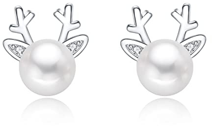Hasnsofie Silber 925 Ohrringe Damen, 925 Sterling Silber Ohrstecker 9mm | Schneeflocke Elch Perle Mondstein Kleine Stecker für Mädchen Damen, Schlafen Stecker zum Weihnachten, Geschenk zur Feier