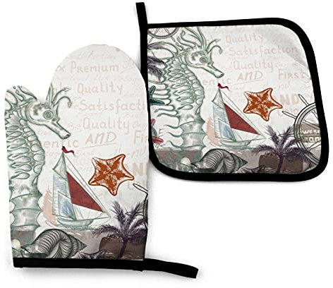 Guanti da forno e presine, set da 2 pezzi, guanti da barbecue impermeabili per barche a vela con stelle marine cavalluccio marino per cucina, cucina, cottura