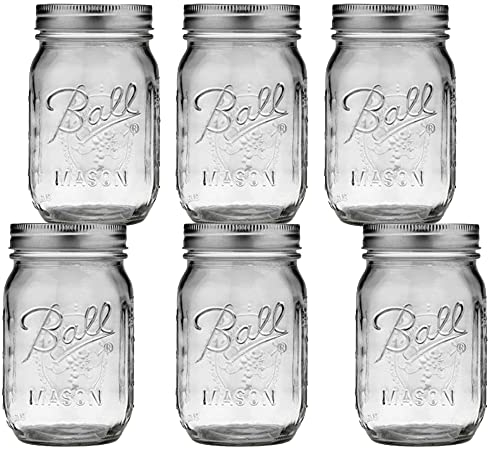 Regular Mouth Mason Jars 16 oz - (6 Pack) - Ball Regular Mouth Pint 16-Ounces Mason Jars With Airtight lids and Bands - For Canning, Fermenting, Pickling, Freezing, Storage + M.E.M Rubber Jar Opener