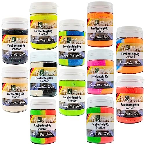 Zite Fishing Forellenteig XXL-Set – Alle 12 Aromen & Farben – 12x60g Trout Bait Forellenpaste - Angelteig mit Glitter als Forellen-Köder