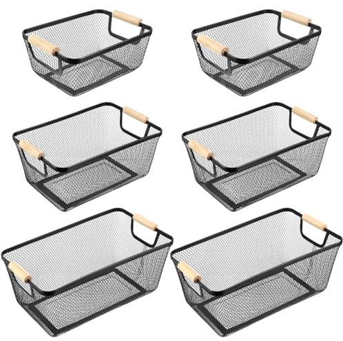 Maxcheck 6 Stück Metalldrahtkörbe, Holzgriffe, Stahlgeflecht, Aufbewahrungskörbe, Organizer für Zuhause, Schränke, Speisekammer, Schrank, Küche, Lebensmittel, Obst, Make-up, Geschenk, Gefrierschrank,