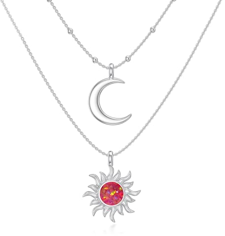 ROMANTICWORK Sonne Mond Kette 925 Sterling Silber Opal Sonne und Mond Anhänger Halskette Sonne und Mond Schmuck Geschenke für Frauen Damen