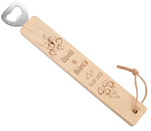 Herz & Heim® Flaschenöffner aus Holz personalisiert mit Gravur (Herzen)