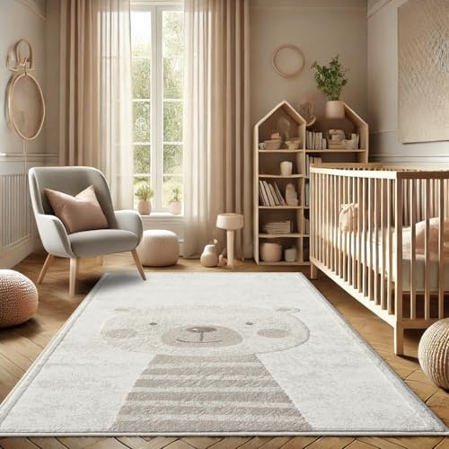 payé Teppich Kinderzimmer 120x160cm - Pastell Beige Creme - Kurzflor Spielteppich mit niedlichem Bär Motiv