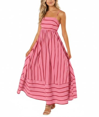 chouyatou Women's Striped Back Smocked Maxi Dress Sexy Spaghetti Strap Cut Out Flowy Swing Long Dress (Medium, Watermelon Red)