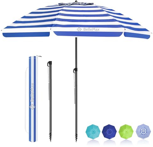 BelleMax Parasol de Plage Exterieur, avec ancre de sable 12 cm & Sac de Parasol, Inclinable sur 30°, Hauteur réglable, pour Balcon, Plage, Terrasse, Protection Solaire UV50 +,Bleu-Blanc,180 cm