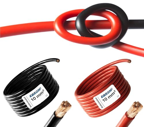 EBROM HI-FLEX 5 Meter hochflexibles Batteriekabel ROT und SCHWARZ - 10 mm² | Batterie Kabel 10 mm2 - PLUSKABEL & MASSEKABEL - extrem leicht verlegbar - für PV, Boot, Solar, Industrie, LKW, KFZ, Caravan