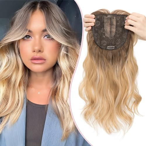 S-noilite Hair Toppers für Frauen,Toupet Toppers Haarverlängerung Haarteile Perücken mit Fransen,Haartopper Basis 15x15cm, Clip in Synthetischen Haarteile, Gewellt 45cm 175g Braun Gemischt Goldblond