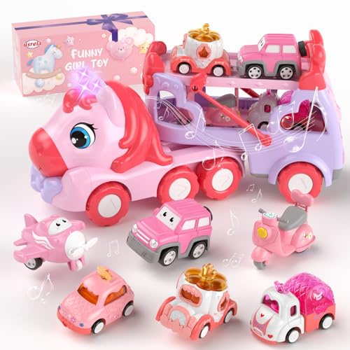 usrela Jouet de Camion pour 2 3 Ans Fille Cadeau de Noël d’Anniversaire | Camion de transport pour filles Jouets à friction Lumière et son Voitures jouets pour 2+ 3 1er cadeaux 6 voitures
