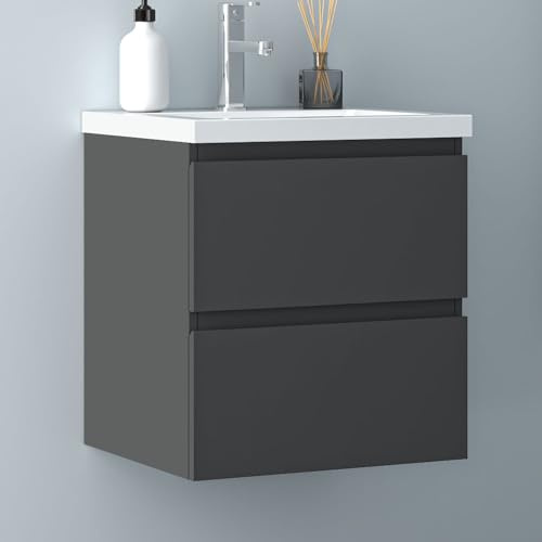 Biubiubath Badezimmermöbel 50cm Keramik Waschtisch mit Unterschrank Badmöbel Set Badezimmerschränke mit 2 Soft-Close Schubladen Dunkelgrau Matt