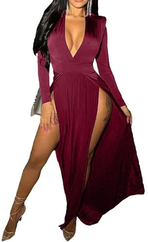 DGCUPODE Doppelt hoch geschlitzte Lange Kleider für Damen Langärmeliges Maxi-Wickelkleid mit tiefem V-Ausschnitt Sexy Cocktail Club Partykleider (Rot,XL)