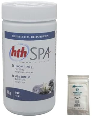 EASYPISCINE Brome désinfection régulière HTH Spa pastilles 20 g. - 1 kg + 12 Tests OFFERTS 7 en 1