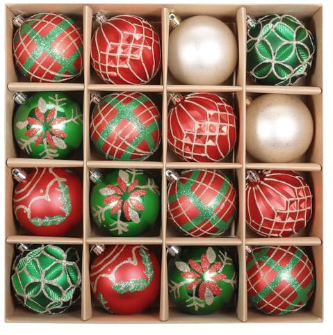 SVNVIOZ 16 Stück 8cm Weihnachtskugeln rot grün gold, Christbaumkugeln Kunststoff Deko Weihnachten, Bruchsicher Weihnachtsbaumschmuck mit Aufhänger, Weihnachtsbaumkugeln für Weihnachtsdeko Innen Aussen