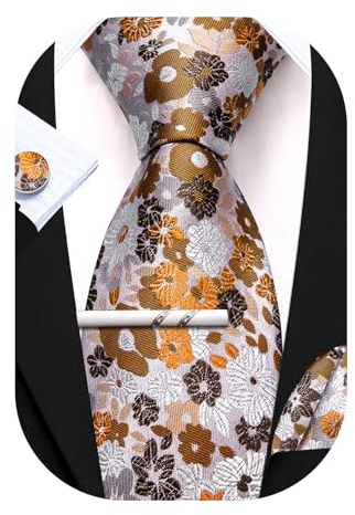 Barry.Wang Herren-Krawatten-Set, florale Krawatte, Einstecktuch, Manschettenknöpfe, Clip, klassische Herren-Seidenkrawatten, 4-teiliges Set für Hochzeit, Party, Business, Weiß-braune Blume