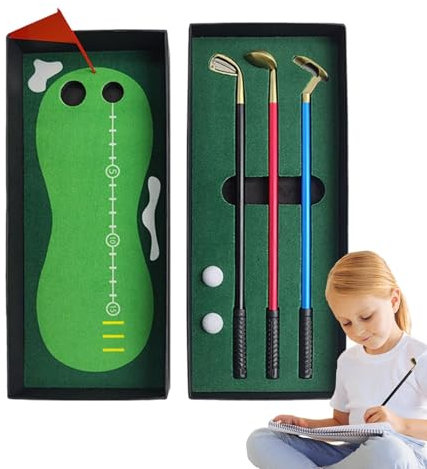 Fukamou Golfschläger-Stifte,Golfschläger-Stift-Set | Lustiges Kugelschreiber-Spielzeug | Kleines Golfspielset mit Putting Green, Flagge, 3 Golfschlägern, Stiften und 2 Bällen für Kollegen