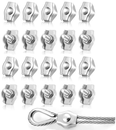 MEISO 20 Pezzi Morsetto per Fune Metallica M2, Morsetto per Cavo in Acciaio Inossidabile 304, 2 mm Morsetti per Filo Stendibiancheria, Corda Metallica Stendibiancheria in Corda D'acciaio Fissa