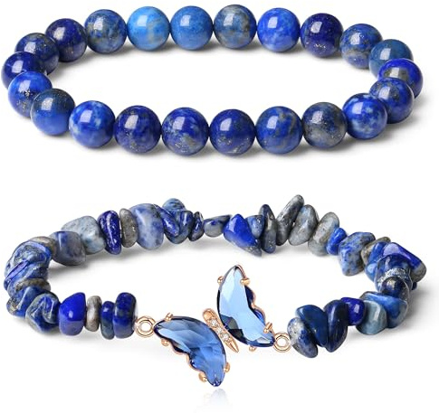 ZephyrHome 2er Set blauer Kristall Armband Set mit Schmetterlingsanhänger, für Damen,Personalisiertes einfaches ，Stretchbares Perlenarmband mit 8mm Blau, Geschenk für Geburtstag und Valentinstag