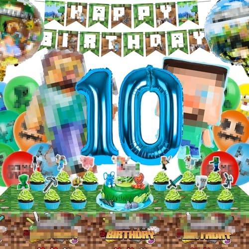 WuGU Decoration Anniversaire 10 Ans, 42 Pcs Kit de Décoration de Fête d'Anniversaire, Anniversaire Décoration de Fête, Bannières d'Anniversaire, Ballon en Aluminium, Ballons, Nappes, Decoration Gateau