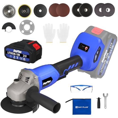 Cordless Angle Grinder, Cordless Cutting, Grinding and Polishing, with Disc, Side Handle, Brushless 21V Electric Cutter, Adjustable Speed, 115mm+6 Discs (with 6000mAh Battery and Charger)