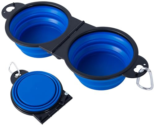 Cuenco plegable 2 en 1 para perros, doble cuenco de viaje para comida y agua, diseño moldeado, plegable 180° (azul)