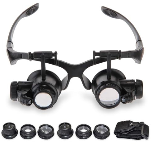 Aoreun LED Kopflupe, 10 x 15 x 20 x 25 x Lupenbrille LED Kopfmontierte Lupe mit austauschbarem Kopfband 8 Wechselobjektive, Optische Linse Glas Doppel Augen Lupe mit Lichtern Juwelier Uhr Reparatur