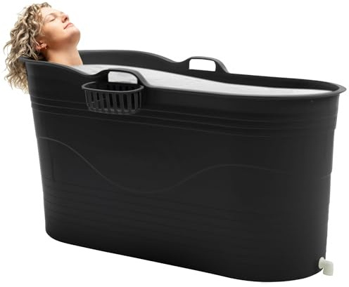 HelloBath® – Bath Bucket XL (Basic) – 121 cm – Baignoire assise pour adultes – Bain glacé – Tuyau d’évacuation extensible jusqu’à 3 m - Noir