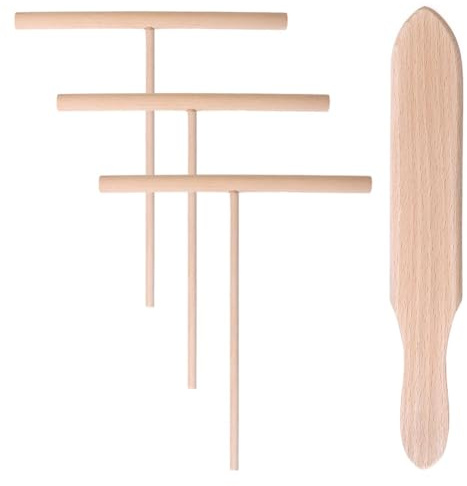 Orolotay 4-Teiliges Spatelsatz T-Sticks zum Verteilen Von Pfannkuchenteig Crepe-Spatel und Crepe-Spreader Holzfarben Küchenwerkzeug Utensilien für Gleichmäßige Crepe-Herstellung